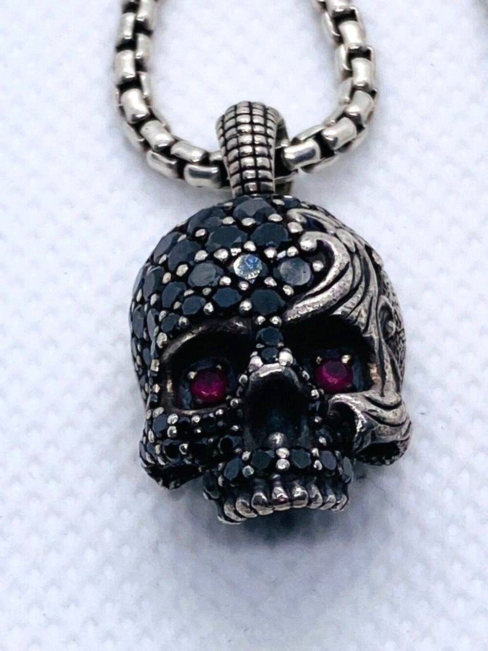 David Yurman Black Diamond and Ruby Skull Wave Chain Pendant Necklace